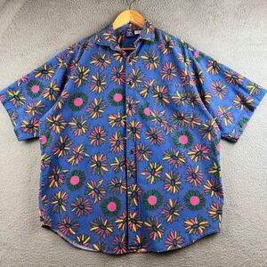 Vintage Pro Spirit Mens Large Blue Floral Sunflower Print Button Up Shirt 90s L